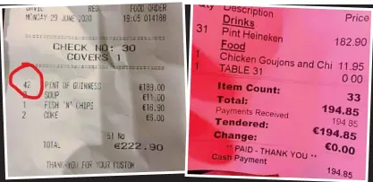  ??  ?? For real? Two receipts show pints far outnumberi­ng the amount of food ordered in two bars