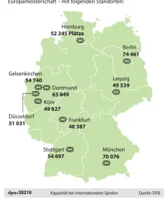  ??  ?? Regional gut verteilt: Die zehn EM-Stadien. Nicht dabei von den großen Bundeliga-Arenen sind Hannover, Gladbach und Bremen.