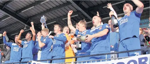  ??  ?? Bangor City celebrate winning a Europa League place. They face Denmark’s Lyngby Bold Klub on Thursday evening