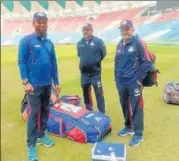  ?? HT ?? ▪ UP’s chief coach Mansur Ali Khan (left), manager Sanjeev Jakhmola (centre) and Gopal Sharma (right) after team’s training session in Lucknow on Thursday.