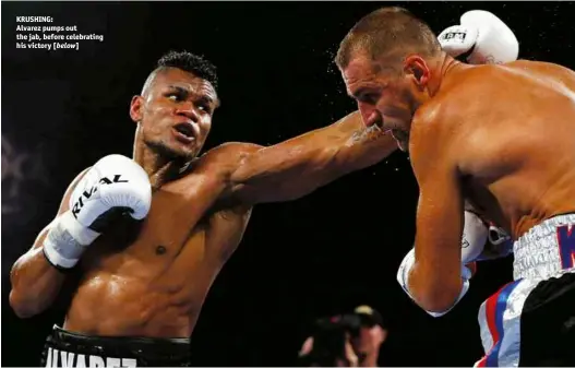  ??  ?? KRUSHING: Alvarez pumps out the jab, before celebratin­g his victory [below]