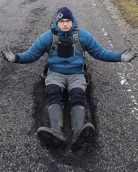  ??  ?? Deep trouble: Nick Watson shows the size of the hole on the A82