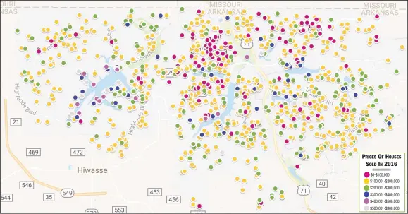  ??  ?? This map, created on Google My Maps, shows data taken from the MLS Service. Each dot represents a home sold in Bella Vista in 2016. The key shows the price range associated with each color.