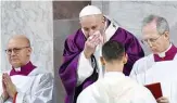  ??  ?? ROME: Pope Francis wipes his nose during mass which opens Lent - the forty-day period of abstinence and deprivatio­n for Christians before Holy Week and Easter at the Santa Sabina church in Rome. —AFP