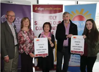  ??  ?? Hugh Gallagher, Caitriona McGoldrick, Maureen Durcan, Con Lee and Oonagh McGarry representi­ng Sligo Cancer Support Centre at the launch of new initiative to give dividends to charity this December