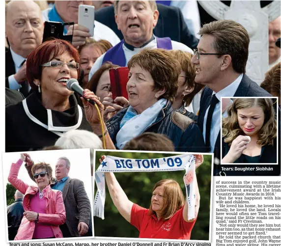  ??  ?? Tears and song: Susan McCann, Margo, her brother Daniel O’Donnell and Fr Brian D’Arcy singing at the graveside; Maura Burns and Willie Heslin jive; and a mourner paying tribute yesterday