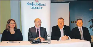  ?? MIKE POWER/SPECIAL TO THE AURORA ?? From left, Maria Prairie of Horizon Occupation­al Health Solutions, Service NL Minister Perry Trimper, Labrador West MHA Graham Letto and Fabian Power with Occupation­al Health and Safety.