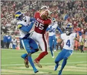  ?? JANE TYSKA — BAY AREA NEWS GROUP ?? The 49ers’ George Kittle makes a touchdown catch against the Los Angeles Rams in Santa Clara on Nov 15..