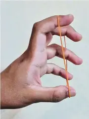  ??  ?? Make a C: Place a rubber band over your fingers and thumb, and create the letter “C”. Hold this stretch for 10 seconds, then relax and repeat a few times.