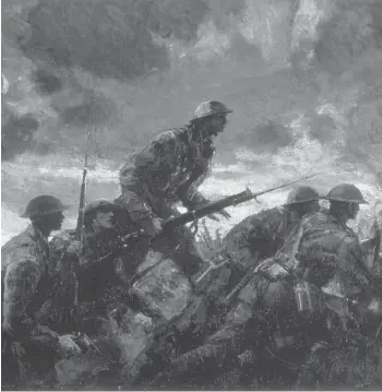  ??  ?? Over The Top, a painting of Canadian troops in the First World War by war artist Alfred T. Bastien.