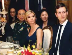  ??  ?? PALM BEACH: In this April 6, 2017 file photo, Ivanka Trump, center, daughter and assistant to US President Donald Trump, is seated with her husband, White House senior adviser Jared Kushner, right, during a dinner with President Donald Trump and...