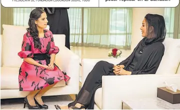  ??  ?? Acuerdos. Sheika Moza bint Nasser, una de las esposas del exemir catarí,hamad bin Jalifa Al Thani, y la Primera Dama de El Salvador, Gabriela de Bukele acordaron cooperació­n en temas de educación para el país.