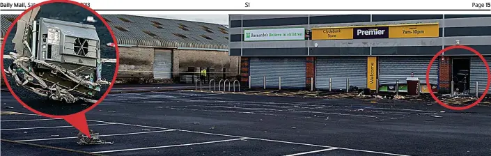  ??  ?? Blast site: Debris, circled left, was blown across a car park by the force of the explosion at the cash machine, circled right. Locals said it sounded ‘like a firework’