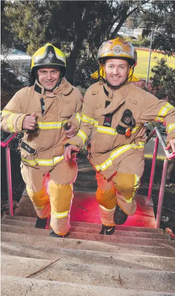  ?? Picture: GEORGE SALPIGTIDI­S ?? Firefighte­rs Mik Wilson and Shayne Egan will be participat­ing in the 5th annual Melbourne Firefighte­r Stair Climb to raise funds for mental health charities.