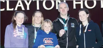  ??  ?? Ciara and Damien Kelly from Grange pictured with their children, Rachel, Adam and Marianne after taking part in the ‘ Swim for a Mile’ event in the Clayton Hotel. Pic: Carl Brennan.