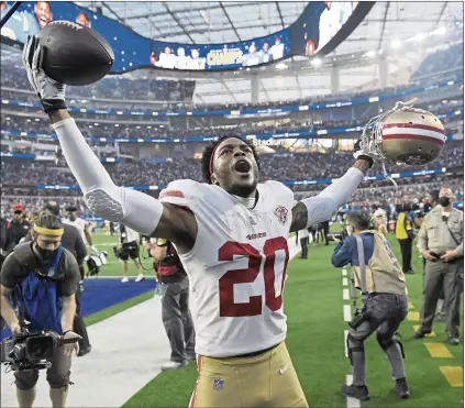  ?? MARK J. TERRILL — THE ASSOCIATED PRESS ?? 49ers cornerback Ambry Thomas celebrates after catching an intercepti­on in overtime against the Rams on Jan. 9in Inglewood.