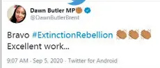  ??  ?? Dawn Butler deleted her tweet praising Extinction Rebellion after receiving angry replies