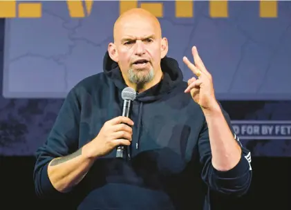  ?? GENE J. PUSKAR/AP ?? Pennsylvan­ia Lt. Gov. John Fetterman, the Democratic nominee for the state’s U.S. Senate seat, speaks Aug. 12 during a rally in Erie.