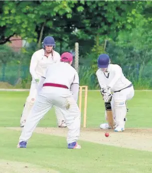  ?? Stewart Conway ?? Matty Tyrrell defends his wicket well for Runcorn’s first XI helping his team hold out for a draw against Barnton last Saturday.