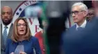  ?? MARK HOFFMAN / MILWAUKEE JOURNAL SENTINEL ?? Wisconsin Department of Health Services Secretary Andrea Palm, left, speaks as Gov. Tony Evers looks on at a briefing to discuss updates to the state's response to the coronaviru­s pandemic.