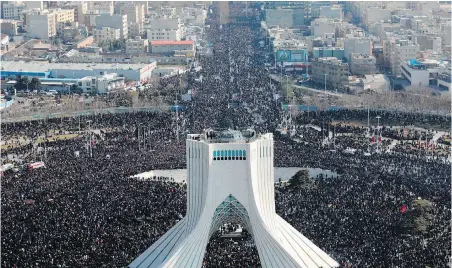  ??  ?? Mourners said to be in the millions attend the funeral ceremony in Tehran, Iran, for Gen. Qassem Soleimani and his comrades, who were killed in Iraq in a U.S. drone attack on Friday, in this photo released on Monday by the Office of the Iranian Supreme Leader. The Iranian capital’s Azadi (freedom) Tower is seen in the foreground.