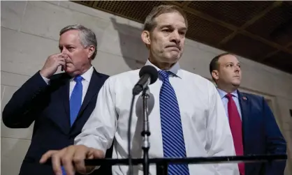  ??  ?? Representa­tives Mark Meadows, Jim Jordan, and Lee Zeldin outside a closed door meeting on Capitol Hill on Tuesday. Photograph: Andrew Harnik/AP