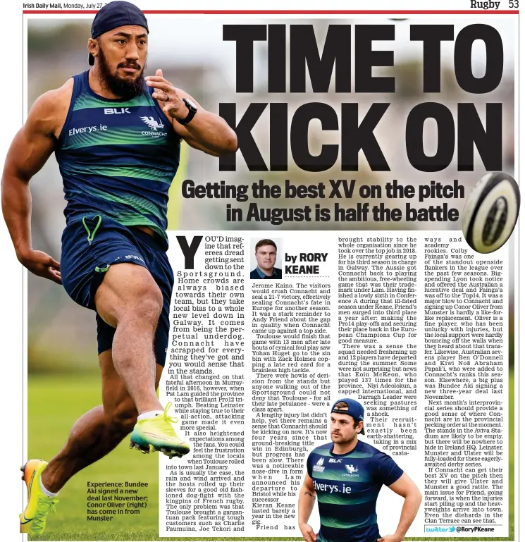  ??  ?? Experience: Bundee Aki signed a new deal last November; Conor Oliver (right) has come in from Munster