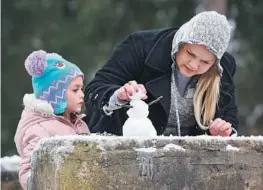  ?? Bob Self Associated Press ?? STEPHANIE JOHNSON and daughter Charlie put the finishing touches on a tiny snowman in Waycross, Ga. They drove from Florida just for the snow.