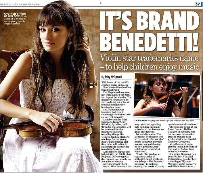  ??  ?? ANOTHER STRING
TO HER BOW: Nicola Benedetti is hoping to inspire young people to take up music LESSONS: Playing with school pupils in Glasgow last year