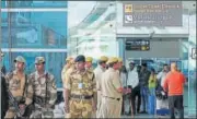  ?? BURHAAN KINU / HT ?? Heavy security in place ahead of Shiv Sena MP Ravindra Gaikwad’s expected arrival at IGI airport on Friday.