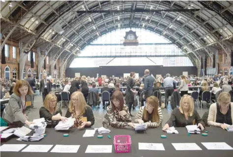  ?? — AFP ?? Counting takes place of the votes cast in the Manchester Mayoral election at the Central Convention Centre in Manchester, northern England on Friday.