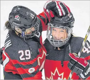  ?? CP PHOTO ?? Canada’s Marie-philip Poulin (left) and Sarah Potomak celebrate after defeating Russia in IIHF Ice Hockey Women’s World Championsh­ip preliminar­y round action in Plymouth, Mich., on April 3.