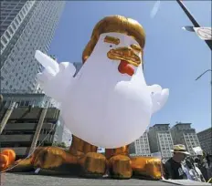  ?? Reed Saxon/Associated Press ?? A giant inflatable “Chicken Don” is set up Saturday by demonstrat­ors protesting President Donald Trump’s failure to release his tax returns and a host of other issues during a march and rally in downtown Los Angeles.