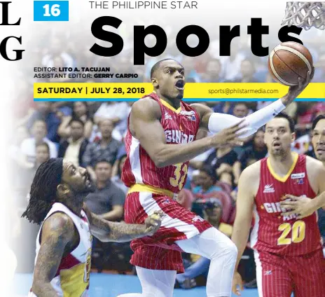  ?? JOEY MENDOZA ?? Justin Brownlee of Ginebra drives past Renaldo Balkman of San Miguel Beer for an easy layup in the first game of their best-of-seven title series last night at the Smart Araneta Coliseum.