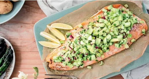  ?? PHOTOS: NICOLA GALLOWAY ?? This barbecued salmon with cucumber and avocado salsa can also be baked in the oven, if the weather turns sour.