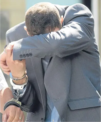  ??  ?? Joshua Palmer leaves Perth Sheriff Court in handcuffs after being jailed yesterday.