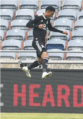  ?? Picture: Backpagepi­x ?? HIGH FLYER. Orlando Pirates’ Vincent Pule celabrates after scoring a goal against Cape Town City during their DStv Premiershi­p match at Orlando Stadium on Tuesday night.