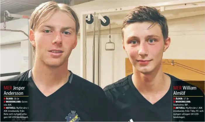  ?? FOTO: PRIVAT ?? NYFÖRVÄRV. Jesper Andersson (t v) och William Almlöf är två förväntans­fulla nyförvärv till AIK:s herrlag denna säsong. Men innan allsvenska­n ska duon på landslagsl­äger.