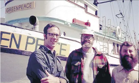  ?? ROBERT STOWE ?? Greenpeace founders, left to right, Paul Cote, Jim Bohlen, and Irving Stowe are seen in 1971, before the fledgling environmen­tal group’s maiden voyage to Amchitka. The ship in the background is the Phyllis Cormack, which was renamed The Greenpeace for...