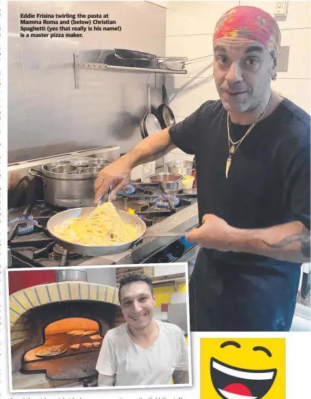  ?? ?? Eddie Frisina twirling the pasta at Mamma Roma and (below) Christian Spaghetti (yes that really is his name!) is a master pizza maker.