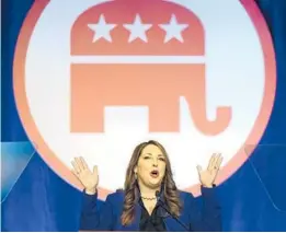  ?? RICK BOWMER/AP ?? Republican National Committee Chair Ronna McDaniel last week backed loyalists of Donald Trump in censuring GOP Reps. Liz Cheney and Adam Kinzinger.