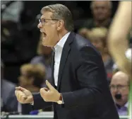  ?? MIKE CARLSON - THE ASSOCIATED PRESS ?? Connecticu­t head coach Geno Auriemma reacts during the second half of an NCAA college basketball game against South Florida, Sunday, Feb. 16, 2020, in Tampa, Fla.