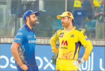  ?? BCCI ?? Rohit Sharma (L) and MS Dhoni, IPL’s two best leaders, will square off on Sunday as MI vs CSK restarts the league in Dubai.