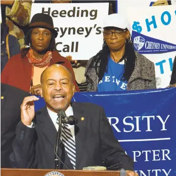  ?? MARC LEVY/AP FILE PHOTO ?? State Rep. James Roebuck Jr., D-Philadelph­ia, speaks at a Nov. 10, 2015, rally in the Capitol Rotunda in Harrisburg to press Pennsylvan­ia to help the financiall­y struggling Cheyney University.