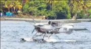  ?? PTI ?? A seaplane prepares to take off from Ashtamudi lake in Kerala.