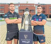  ??  ?? Glasgow Warriors’ Ryan Wilson and Edinburgh’s Stuart McInally at yesterday’s launch of the Pro14 at Celtic Park where the final will be played