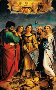  ??  ?? La Santa Cecilia in estasi di Raffaello, custodita nella Pinacoteca nazionale di Bologna. In alto, il Compianto sul Cristo morto di Nicolò dell’Arca, nell’Oratorio di Santa Maria della Vita.