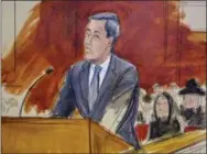  ?? ELIZABETH WILLIAMS VIA AP ?? In this courtroom sketch, Michael Cohen addresses the court during his sentencing hearing, Wednesday, Dec. 12, 2018in New York federal court. President Donald Trump’s once-devoted lawyer and all-around fixer, was sentenced to three years in prison for allowing what he said was his “blind loyalty” to Trump to lead him astray. “I felt it was my duty to cover up his dirty deeds,” he said.