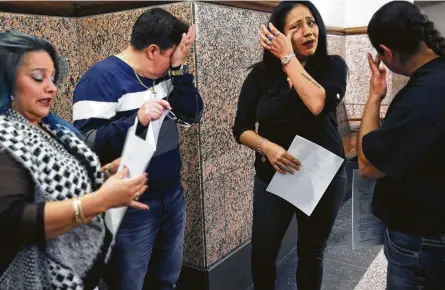  ?? Jerry Lara / Staff photograph­er ?? The so-called San Antonio Four — Elizabeth Ramirez, from left, Kristie Mayhugh, Cassandra Rivera and Anna Vasquez — gather outside a Bexar County courtroom Monday after orders were signed, expunging their criminal records.