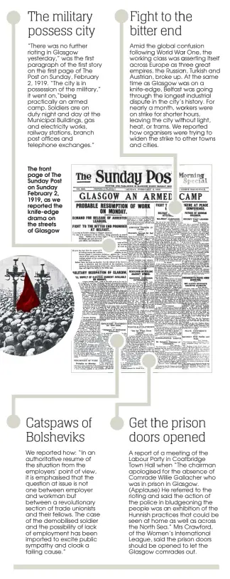  ??  ?? The front page of The Sunday Post on Sunday February 2, 1919, as we reported the knife-edge drama on the streets of Glasgow